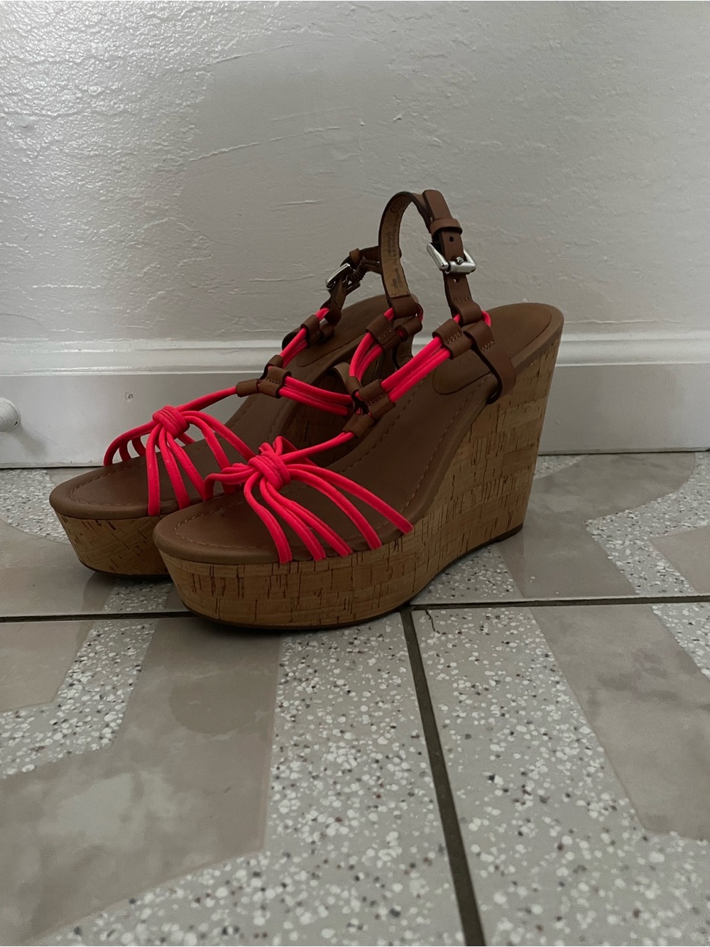 Coach Brown Cork Wedge Sandals with Neon Pink Straps